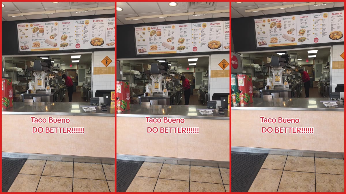 Oklahoma City customer tells solo Taco Bueno worker 'I pray that you get raises and people to help' — stills from the TikTok posted by JustMe