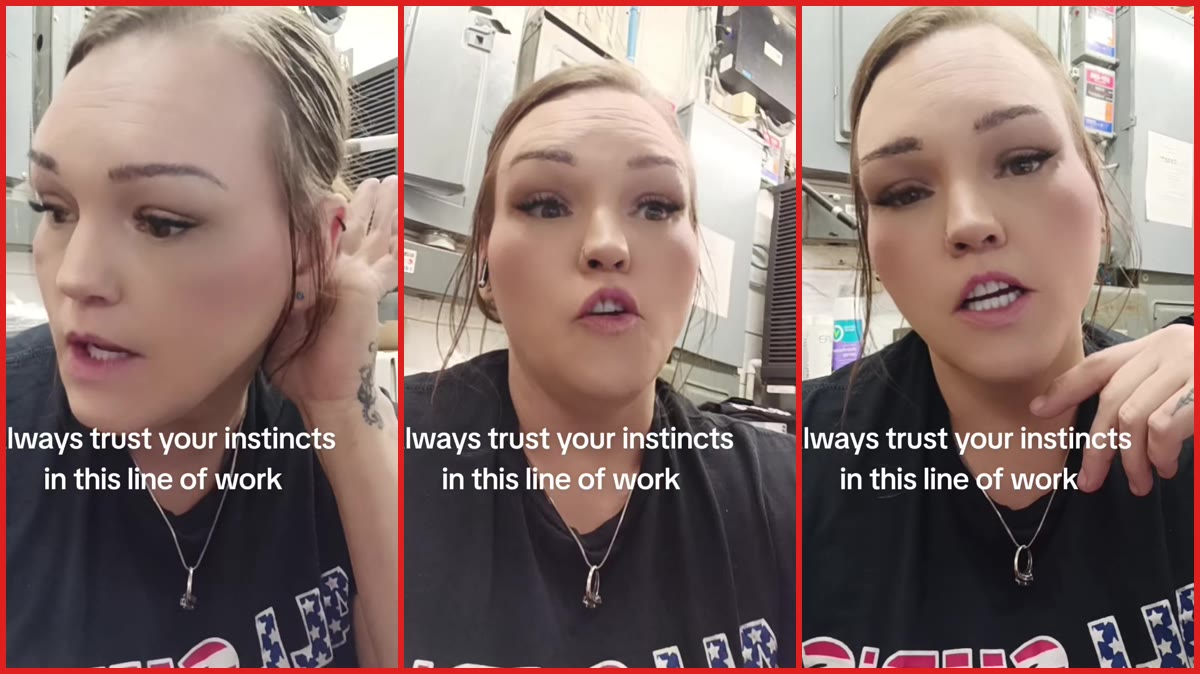Worker says man moved his red truck from back of lot to directly outside gas station doors at 11:45 p.m — stills from the TikTok posted by Lacy