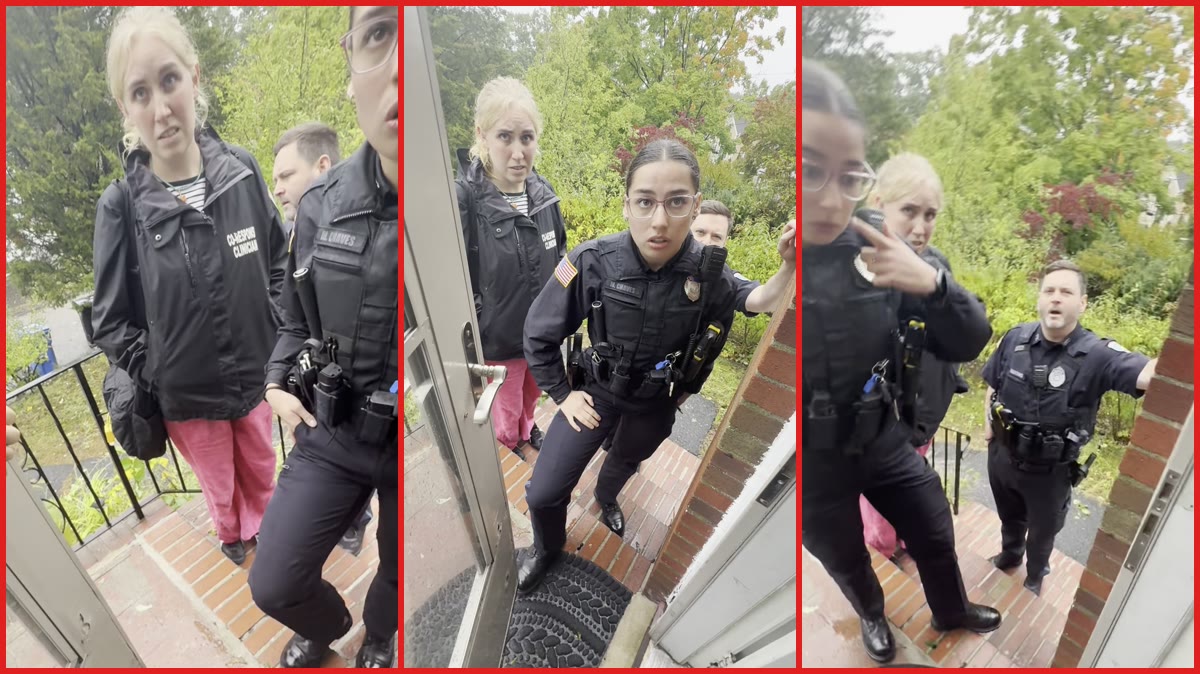 Man films Boston police and co-response clinician on his porch asking about his mom, then tells them to leave — stills from the TikTok posted by Coach Yusi