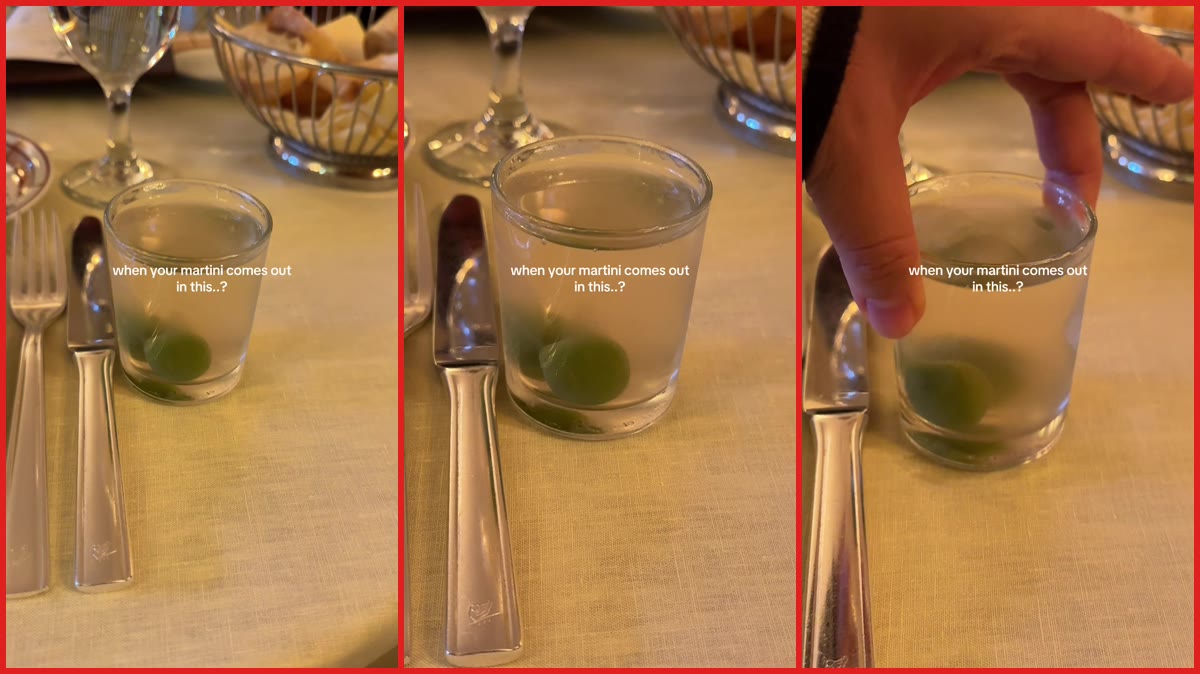 Diner gets a martini in a shot glass at a New York City restaurant, so she jokes about being killed — stills from the TikTok posted by Lidia