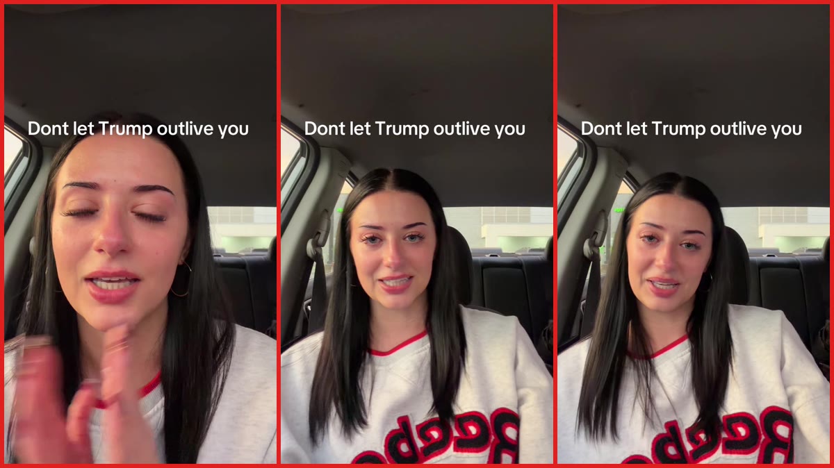 Crying woman in car says she 'cannot let Donald Trump outlive me' while going through a hard time — stills from the TikTok posted by gabbymckenzi