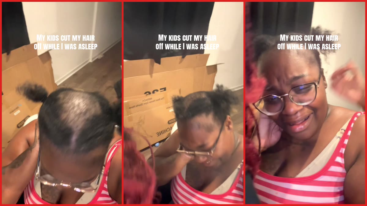Mother wakes to find her kids cut large patches out of her hair while she slept — stills from the TikTok posted by Momma Angel