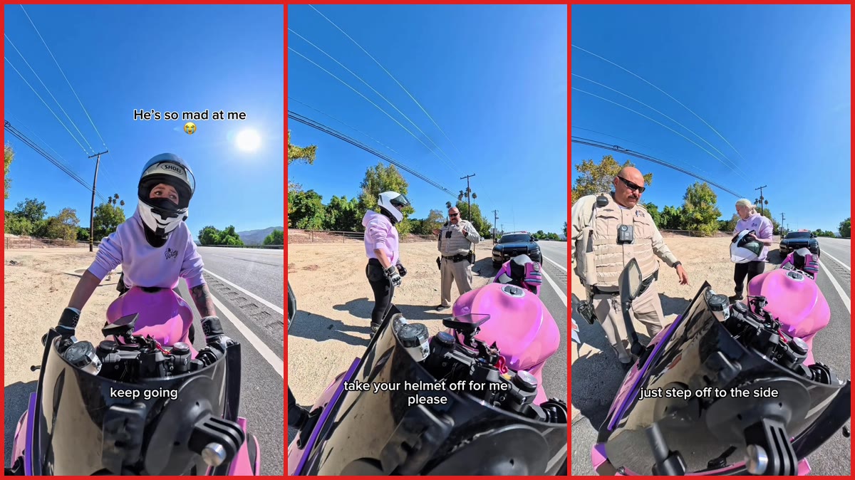 Motorcyclist pulled over for a second time by the same cop, who cites a flapping license plate — stills from the TikTok posted by RN Barbie