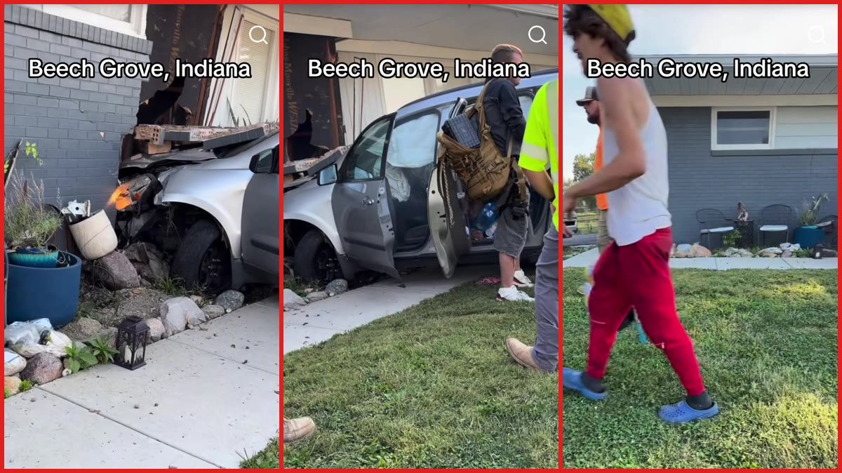 Driver crashes into his own home, says he has to make a doctor's appointment as workers tell him not to leave — stills from the TikTok posted by catfishbilly5150