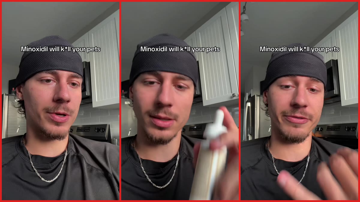 Man says his 2-year-old cat died of congestive heart failure within 24 hours of minoxidil exposure — stills from the TikTok posted by NotJustin