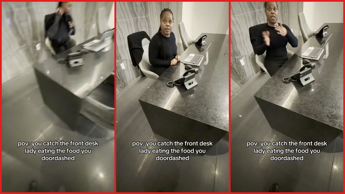 Hotel front desk worker admits eating customer's DoorDashed $50 Mexican food, offers to Venmo reimbursement — stills from the TikTok posted by CE0,000,000