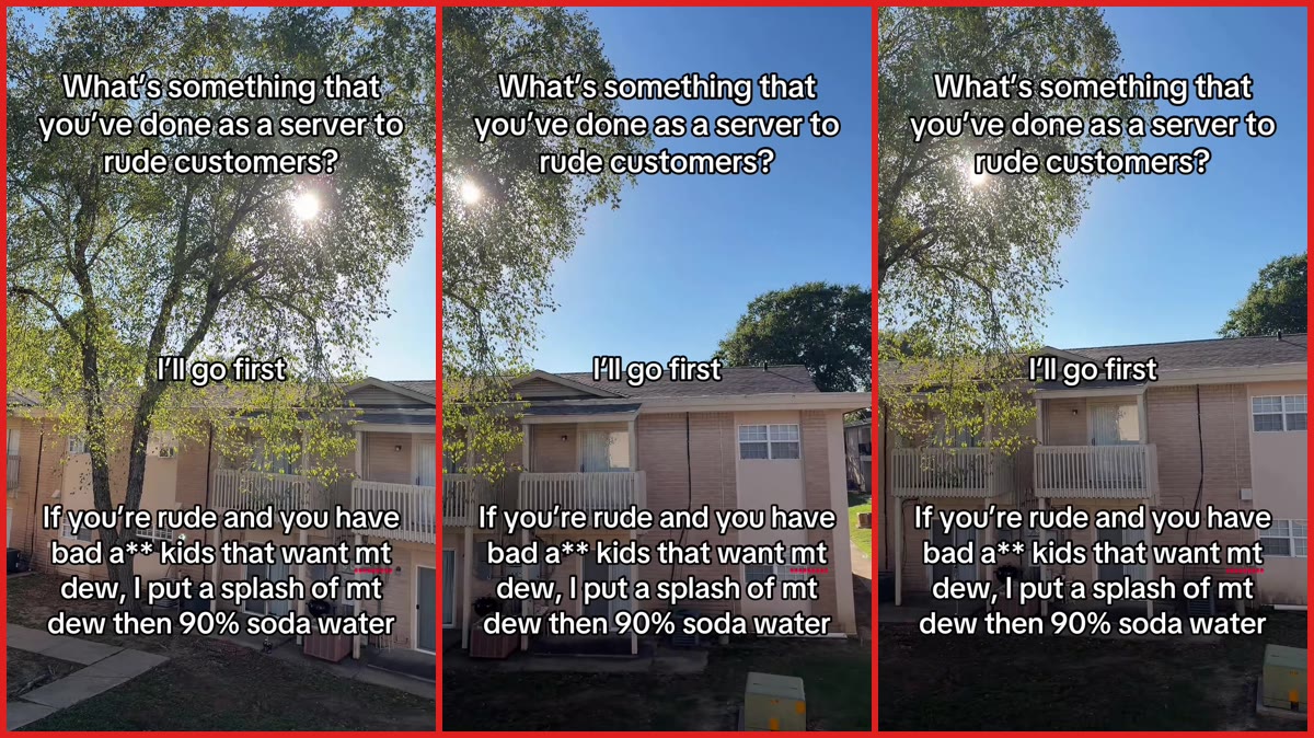 Server says she gives rude customers' kids a splash of Mountain Dew mixed with 90% soda water — stills from the TikTok posted by Minerva