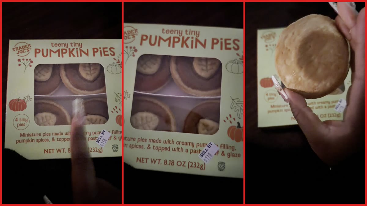 TikTok creator says Starbucks pumpkin pie matches Trader Joe's 'teeny tiny' pie except for cookie — stills from the TikTok posted by hokage_stiz