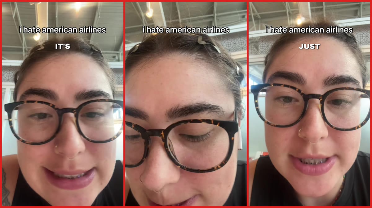 Austin traveler says American Airlines sent her a $12 voucher after a 6-hour delay and engine issue — stills from the TikTok posted by nataliercollins