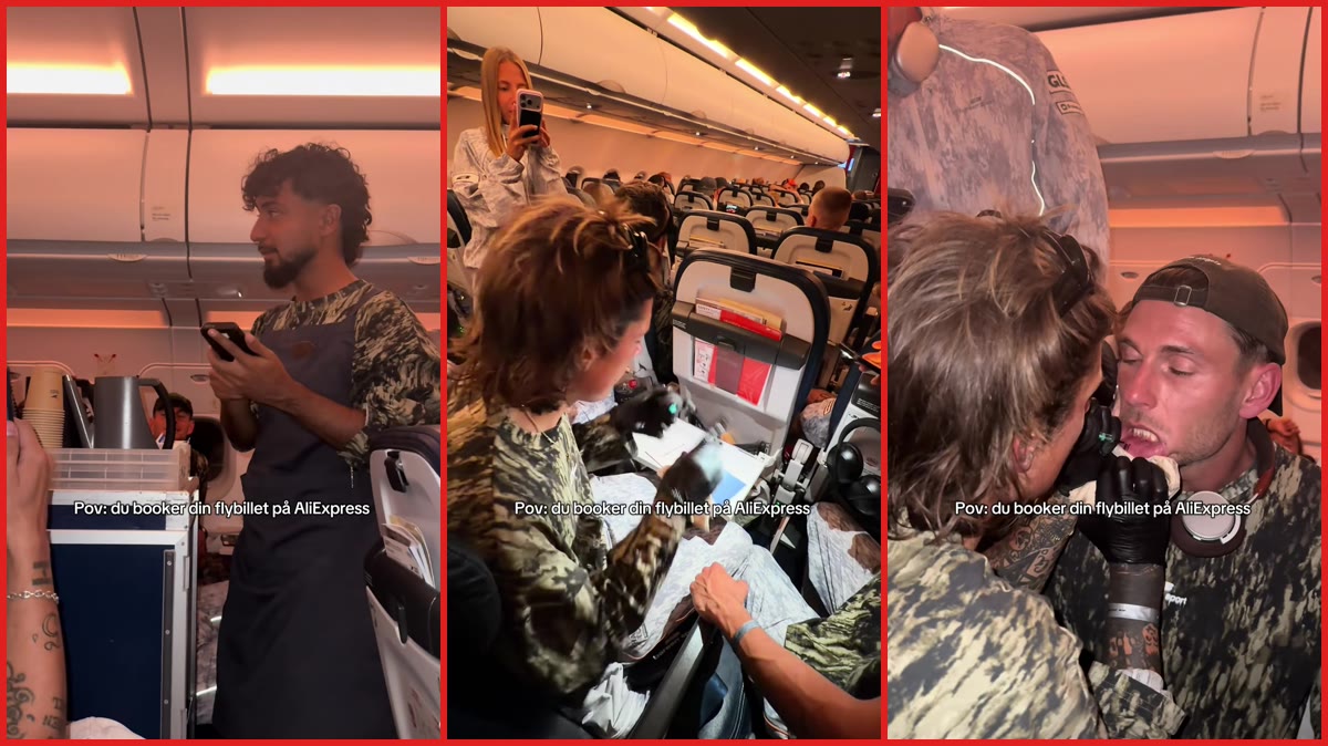 Passenger gets tattoo on another traveler's arm, leg and lip during commercial flight — stills from the TikTok posted by Cykelmyggen Scott