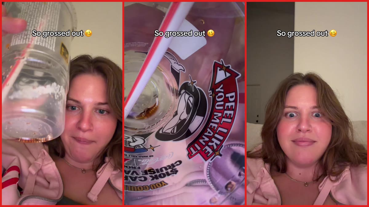 Woman finishes a McDonald's Diet Coke, then finds an earring at the bottom of the cup — stills from the TikTok posted by Jo