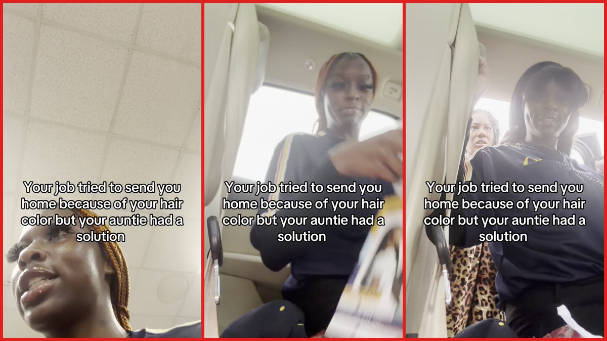 Worker sent home over orange braids returns to work in a black wig after her aunt's fix — stills from the TikTok posted by ￴ ￴￴