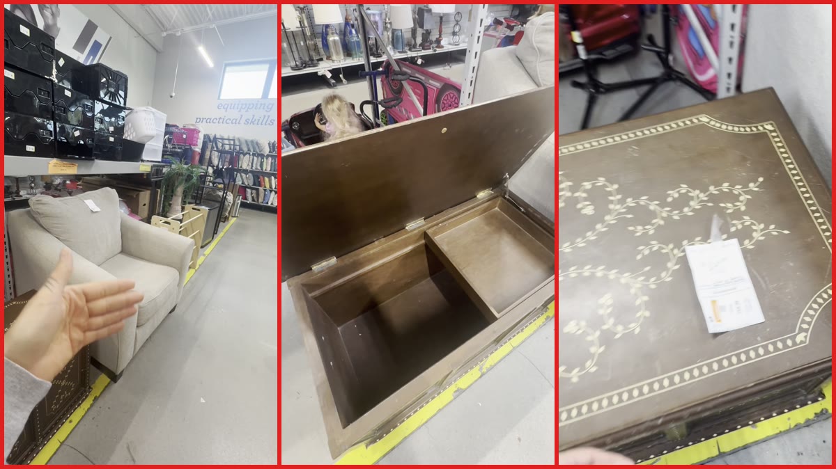 Goodwill tags a wooden inlay storage chest at $249.99; shopper asks if it's worth it — stills from the TikTok posted by Nickole Woodyard