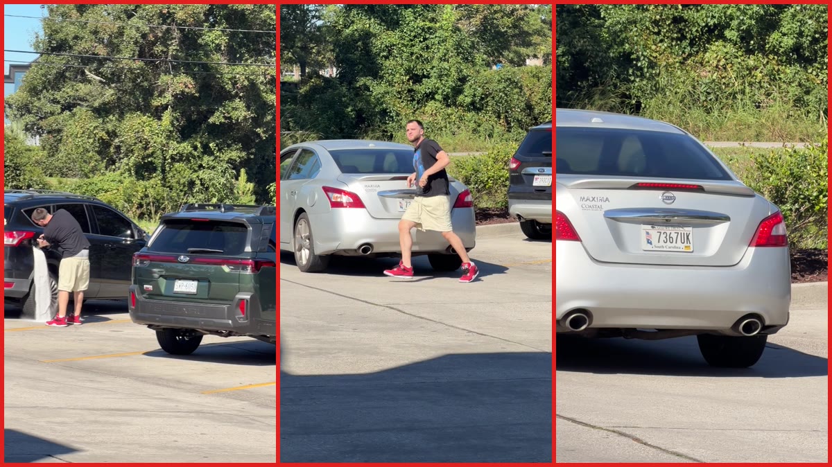 Woman records man puncturing her SUV tire in parking lot, captures his license plate as he flees — stills from the TikTok posted by Ty’sLuxxe