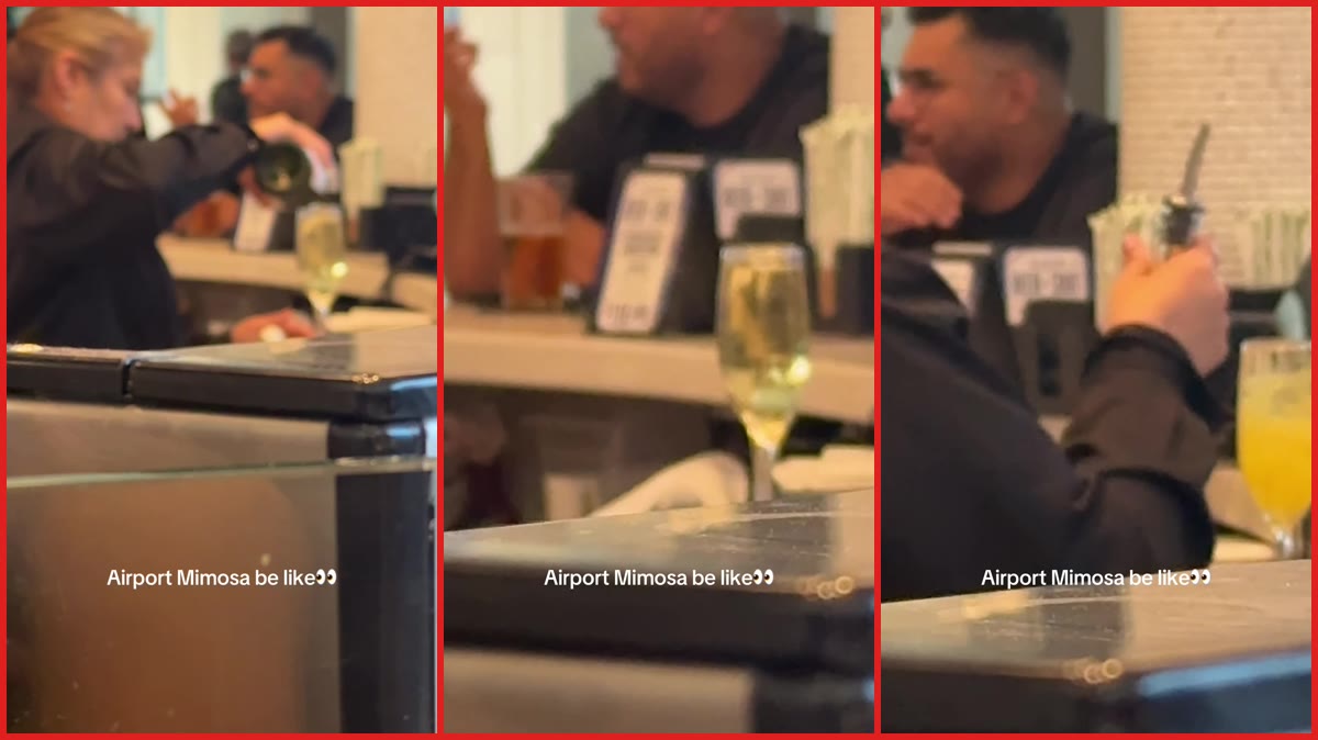 Bartender pours champagne nearly to the brim, then adds a splash of orange juice to make a mimosa — stills from the TikTok posted by beautifullymarinna