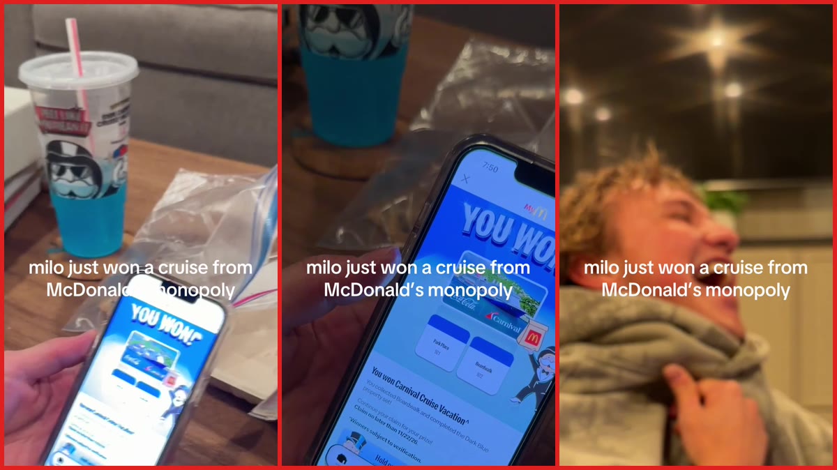 Young man wins Carnival Cruise Vacation from McDonald's Monopoly, laughs in disbelief at phone screen — stills from the TikTok posted by Gretchen