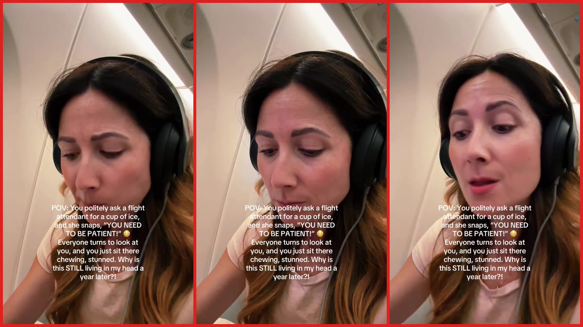 Woman says flight attendant snapped 'YOU NEED TO BE PATIENT!' when she asked for a cup of ice — stills from the TikTok posted by JENNY | Luxury Travel Planner
