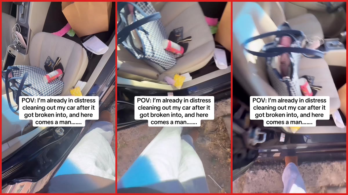 Philadelphia woman says a man interrupted her cleaning her car after break-in with a 'supermodels' pickup line — stills from the TikTok posted by Jasmine ♡