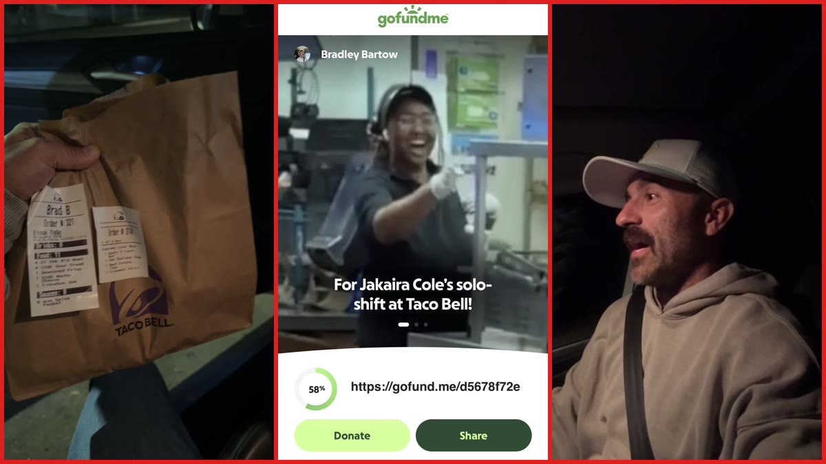 GoFundMe launched for Taco Bell worker who handled a solo shift alone after her Cash App was capped at $1,000 — stills from the TikTok posted by Brad Bartow